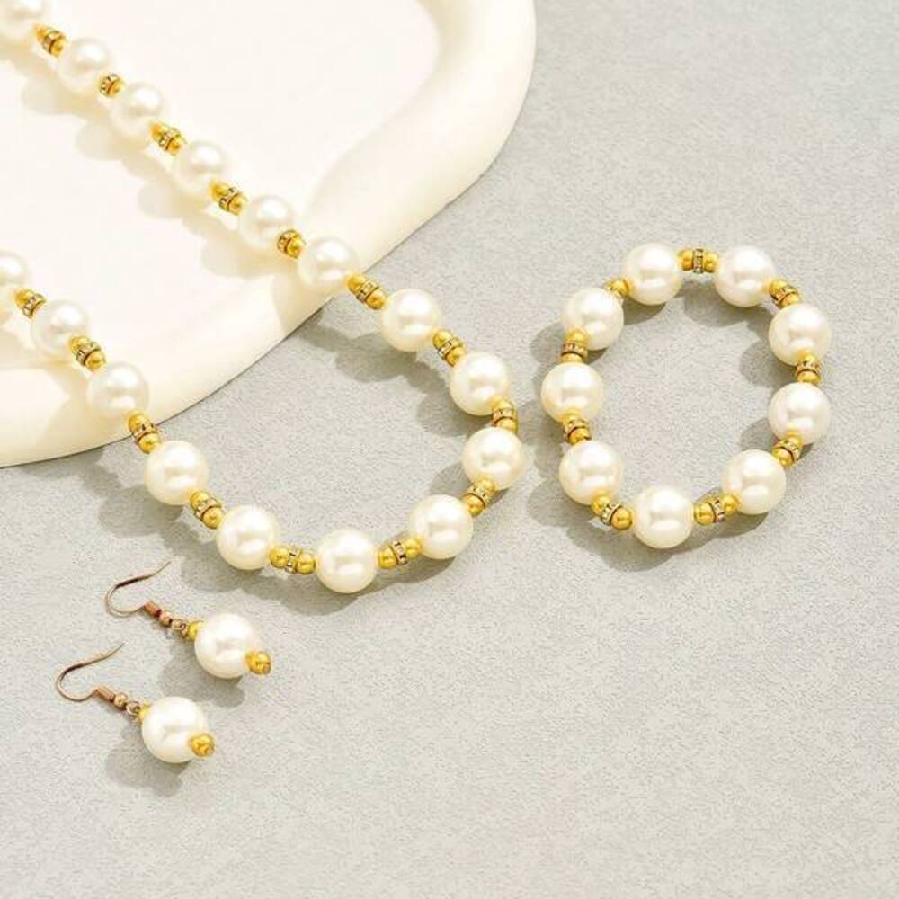 Vintage Imitation Pearl Earrings Bracelet Necklace Set For Simple Fas Gift - Picture 4 of 7